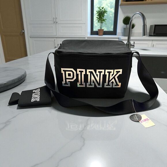 Victoria's Secret PINK Black Cooler Lunch Box Bag with Black Koozie Foldable NWT - Picture 2 of 6